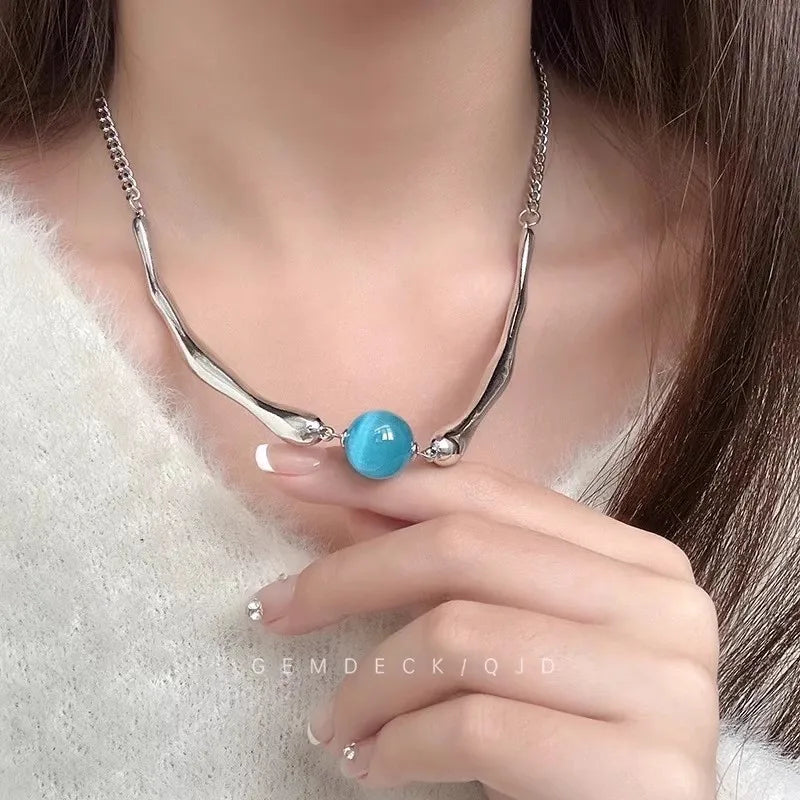 Blue Orb Metal Curve Necklace (Code-ZX#572)