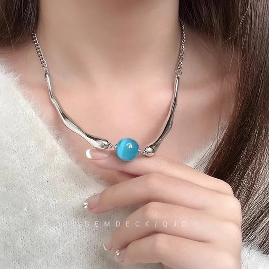 Blue Orb Metal Curve Necklace (Code-ZX#572)