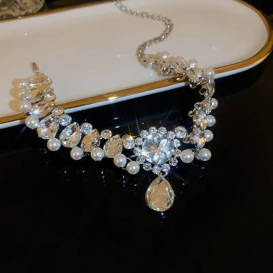 Diamond Flower Pearl Drop Necklace