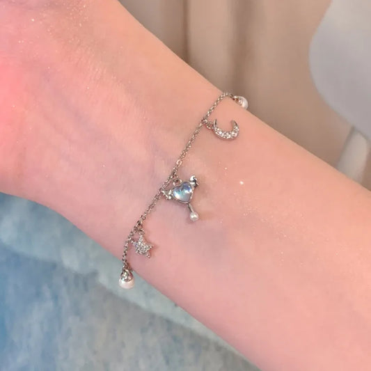 Moon & Star Charm Bracelet – Celestial Silver Dainty Jewelry with Pearl