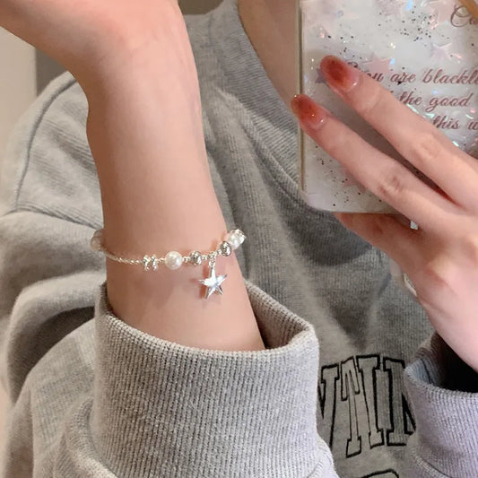 Silver Star Charm Beaded Bracelet – Dainty Adjustable Fashion Jewelry