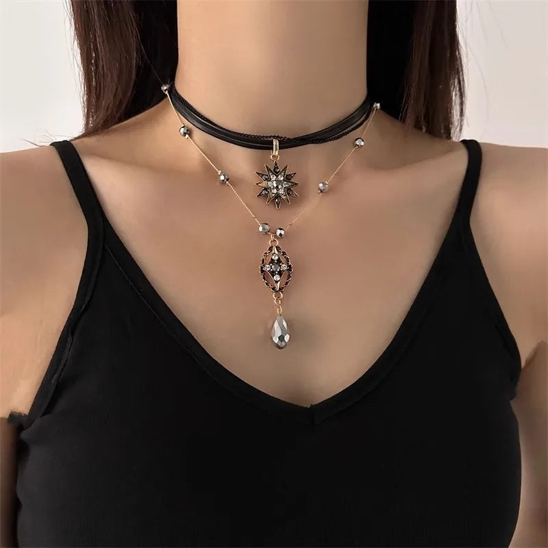 Gothic Sun & Crystal Drop Choker – Retro Punk Double-Layer Necklace with Starburst Pendant