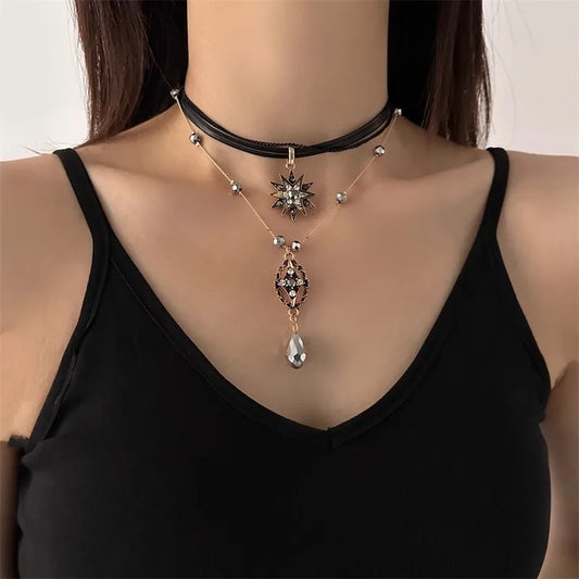Gothic Sun & Crystal Drop Choker – Retro Punk Double-Layer Necklace with Starburst Pendant