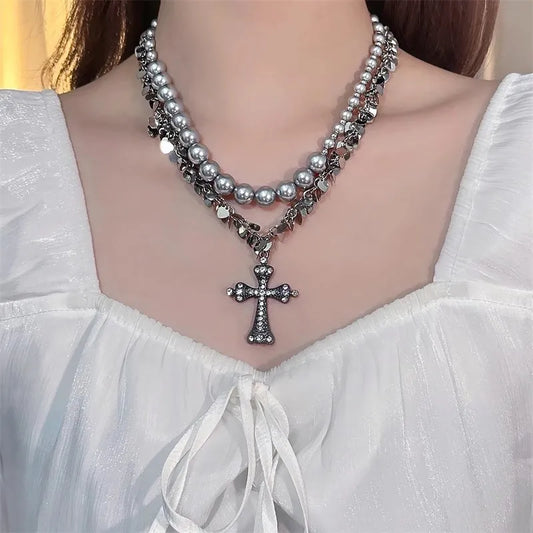 Gothic Pearl Beaded Cross Pendant Necklace – Vintage Punk Layered Choke
