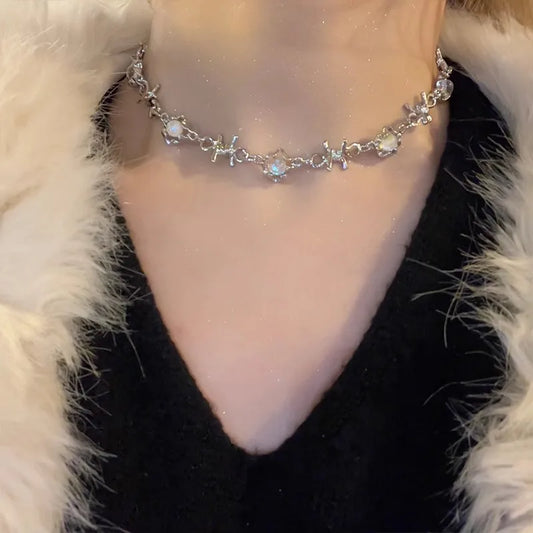 Crystal Opal Choker – Delicate Silver Chain with Iridescent Gemstone Accents