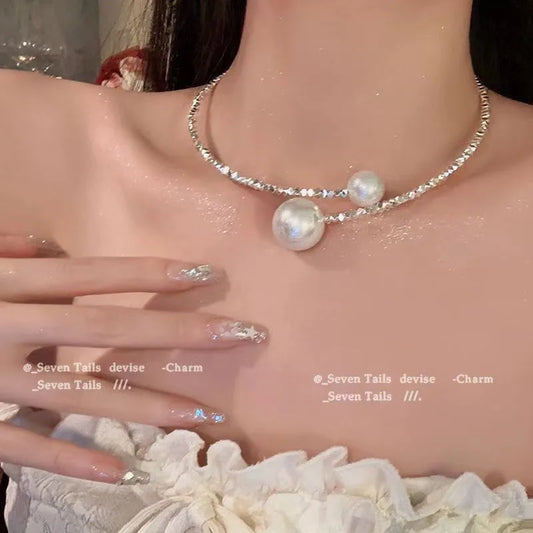Luxury Pearl Orbit Choker – Minimalist Double Bead Necklace with Shimmer Chain