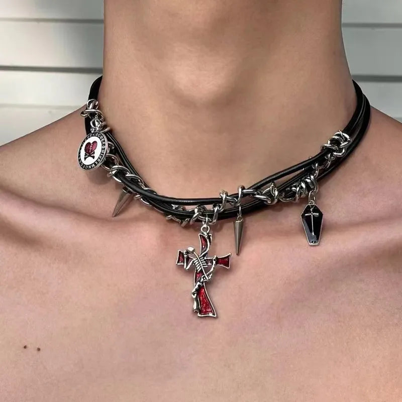 Gothic Punk Multi-Charm Choker – Black Leather Necklace with Cross, Coffin & Spike Pendants