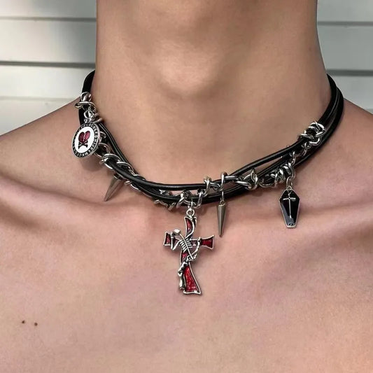 Gothic Punk Multi-Charm Choker – Black Leather Necklace with Cross, Coffin & Spike Pendants