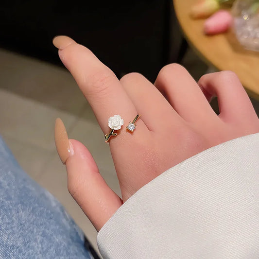 White Rose Blossom Adjustable Ring (Product Code: ZX#654) 🌹