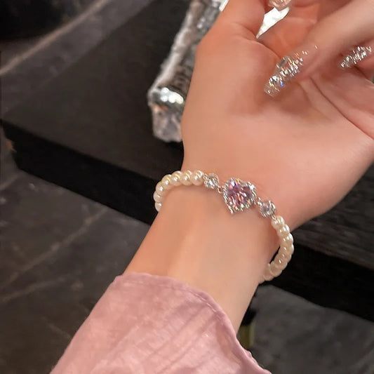 Pearl Bracelet with Pink Heart Gemstone