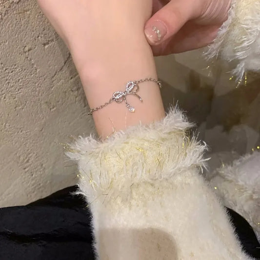 Sparkling Bow Knot Bracelet – Dainty Silver Adjustable Charm Jewelry