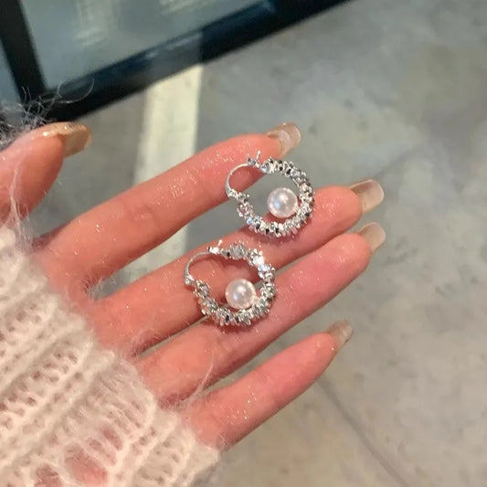 Crystal Halo Pearl Hoop Earrings (Code-ZX#630)