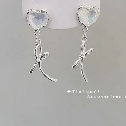 Crystal Heart Ribbon Drop Earrings (Code-ZX#646)