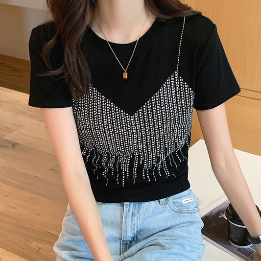 Women's Casual Solid Color T-Shirt – Short Sleeve Diamond Detail Fashion Top