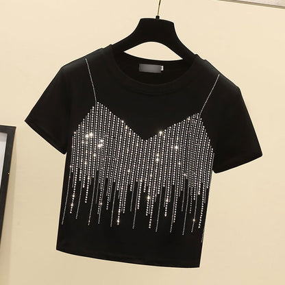 Women's Casual Solid Color T-Shirt – Short Sleeve Diamond Detail Fashion Top(Code: ZX#359)