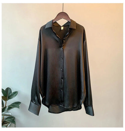 Women’s Elegant Satin Blouse – Solid Color Long Sleeve Button-Down Shirt with Relaxed Fit