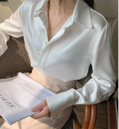 Women’s Elegant Satin Blouse – Solid Color Long Sleeve Button Down Office Top