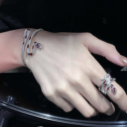 Silver Snake Bracelet & Ring Set with Red Gem Inlay