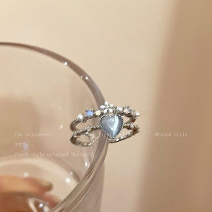 Blue Heart & Romantic Heart Gemstone Silver Ring – Pearl Accent Design