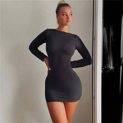 Women's Streetwear Bodycon Mini Dress – Long Sleeve Solid Color Backless Sheath Holiday Party Dress