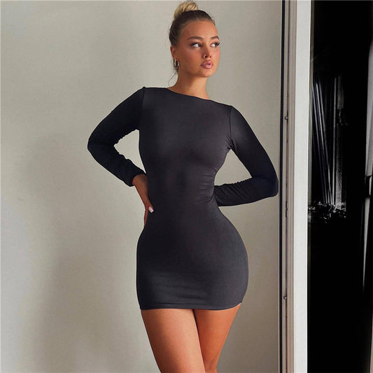 Women's Streetwear Bodycon Mini Dress – Long Sleeve Solid Color Backless Sheath Holiday Party Dress
