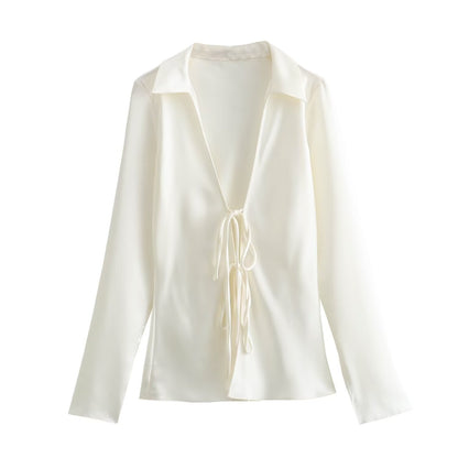 Women’s Satin Tie Front Blouse – Elegant Solid Color Long Sleeve top
