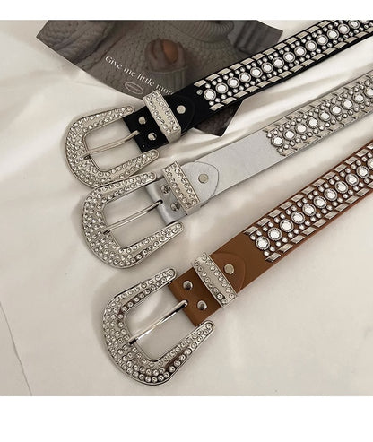 Y2K Streetwear Rhinestone Belt – Silver PU Leather with Western Alloy Buckle & Studded Detailing