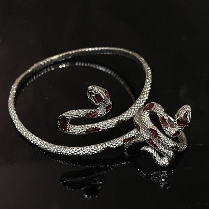 Silver Snake Bracelet & Ring Set with Red Gem Inlay