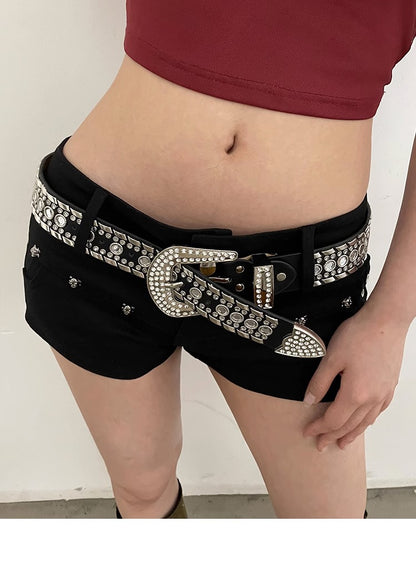 Y2K Streetwear Rhinestone Belt – Silver PU Leather with Western Alloy Buckle & Studded Detailing