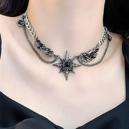 Gothic Star & Wing Chain Choker – Black Gemstone Punk Necklace