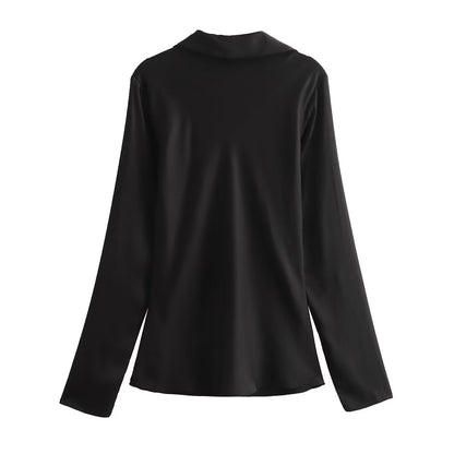 Women’s Satin Tie Front Blouse – Elegant Solid Color Long Sleeve top