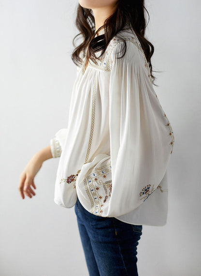 Women'S Vintage Style Fashion Geometric White Long Sleeve Embroidery Blouses(Code: ZX#318)