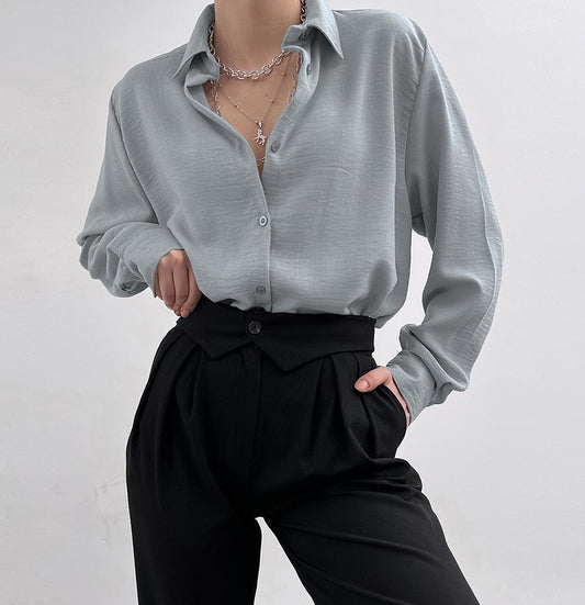 Women’s Casual Button Down Shirt – Solid Color Long Sleeve Loose Fit Blouse