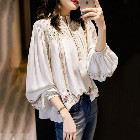 Women'S Vintage Style Fashion Geometric White Long Sleeve Embroidery Blouses