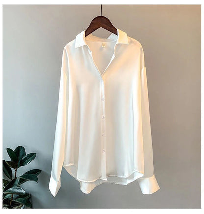 Women’s Elegant Satin Blouse – Solid Color Long Sleeve Button-Down Shirt with Relaxed Fit