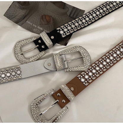 Y2K Streetwear Rhinestone Belt – Silver PU Leather with Western Alloy Buckle & Studded Detailing