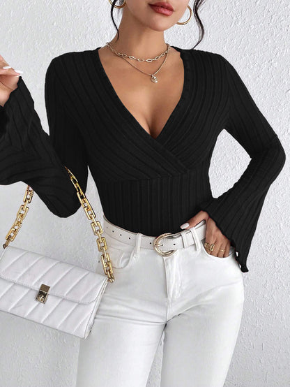 Women's Elegant Wine Red Long Sleeve T-Shirt – Solid Color Patchwork Design