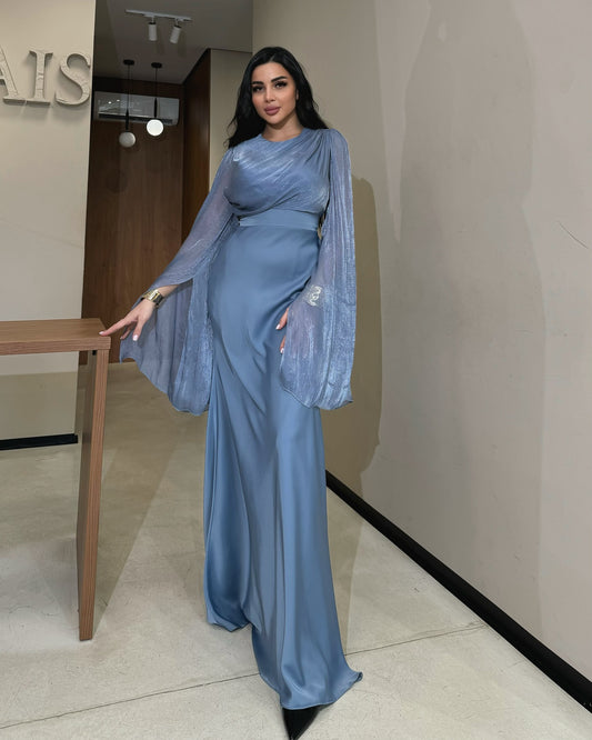 Women's Elegant White Maxi Dress – Long Sleeve Draped Cape Gown for Evening & Formal Occasions