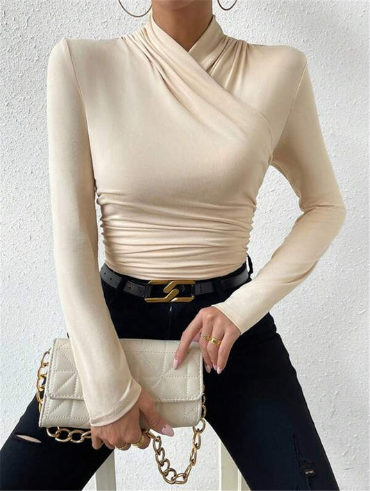 Pleated Blouse – Solid Color Long Sleeve Slim Fit Top