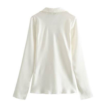 Women’s Satin Tie Front Blouse – Elegant Solid Color Long Sleeve top