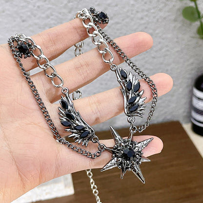 Gothic Star & Wing Chain Choker – Black Gemstone Punk Necklace