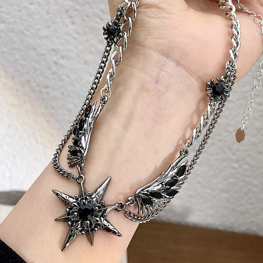 Gothic Star & Wing Chain Choker – Black Gemstone Punk Necklace