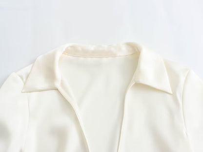 Women’s Satin Tie Front Blouse – Elegant Solid Color Long Sleeve top