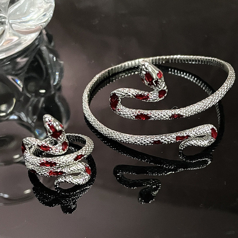 Silver Snake Bracelet & Ring Set with Red Gem Inlay