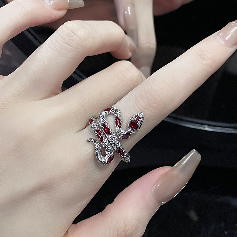 Silver Snake Bracelet & Ring Set with Red Gem Inlay