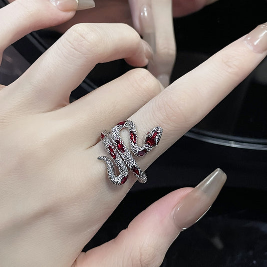 Silver Snake Bracelet & Ring Set with Red Gem Inlay