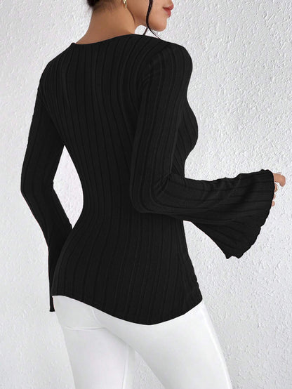 Women's Elegant Wine Red Long Sleeve T-Shirt – Solid Color Patchwork Design