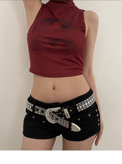 Y2K Streetwear Rhinestone Belt – Silver PU Leather with Western Alloy Buckle & Studded Detailing