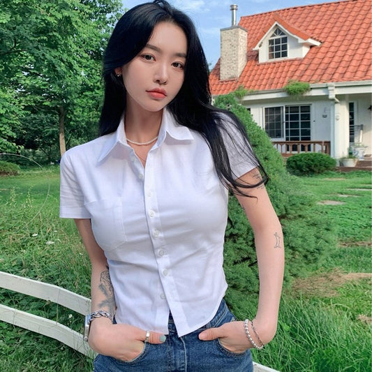 Women’s Classic White Short Sleeve Button-Up Blouse – Casual & Formal Essential