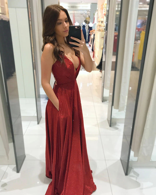 Women's Sexy Deep V-Neck Backless Evening Maxi Dress – Sparkly A-Line Prom & Party Gown